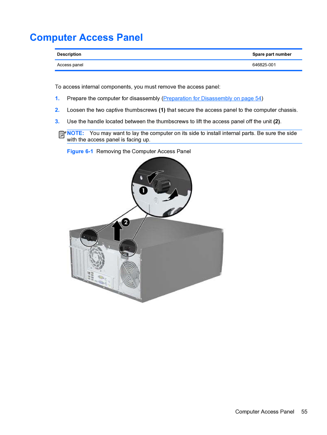 HP Pro QV985AV manual Computer Access Panel, Description Spare part number Access panel 646825-001 