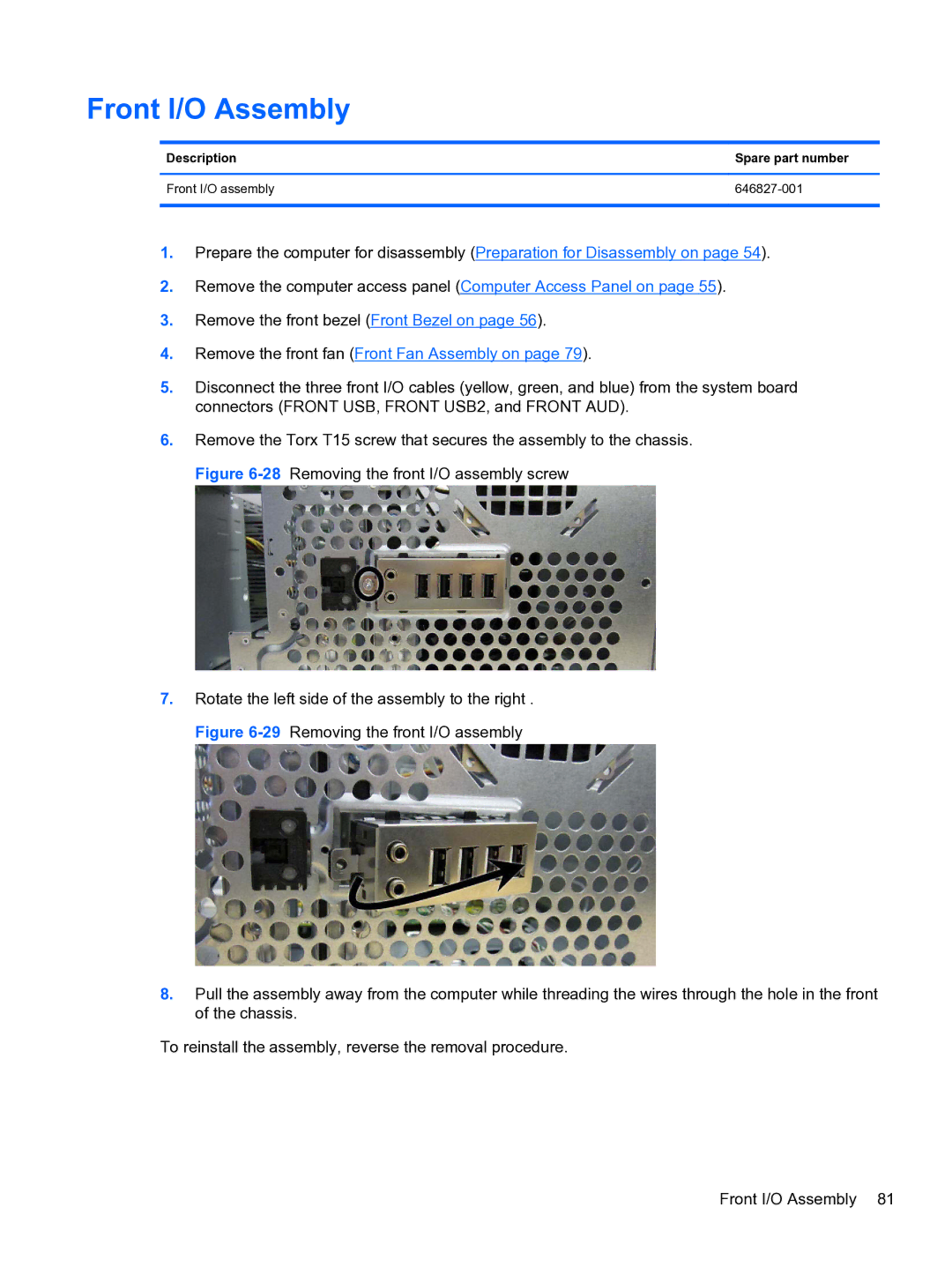 HP Pro QV985AV manual Front I/O Assembly, Description Spare part number Front I/O assembly 646827-001 