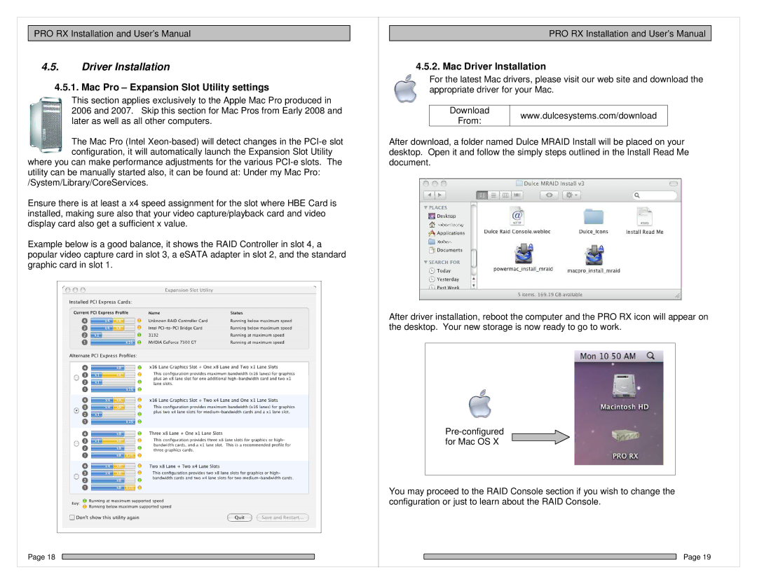 HP PRO RX manual Mac Pro Expansion Slot Utility settings, Mac Driver Installation 