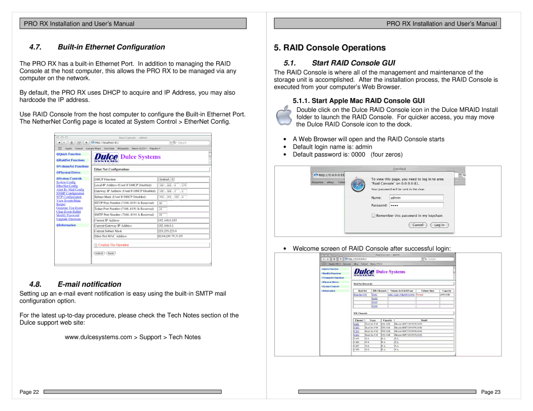 HP PRO RX manual RAID Console Operations, Built-in Ethernet Configuration, Mail notification, Start RAID Console GUI 