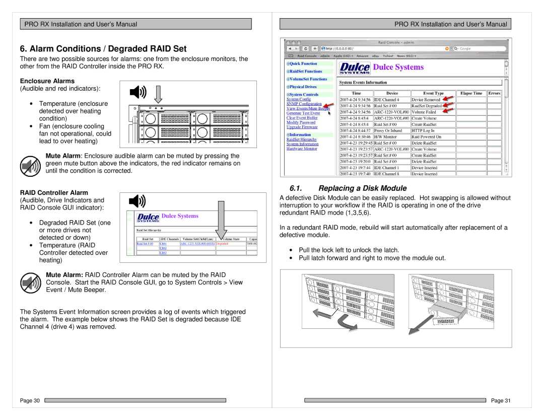 HP PRO RX manual Alarm Conditions / Degraded RAID Set, Replacing a Disk Module, Enclosure Alarms Audible and red indicators 