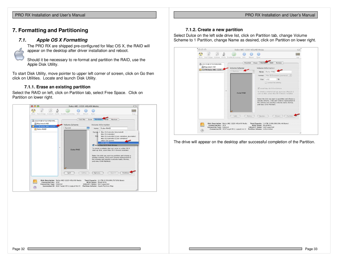 HP PRO RX manual Formatting and Partitioning, Apple OS X Formatting, Erase an existing partition, Create a new partition 