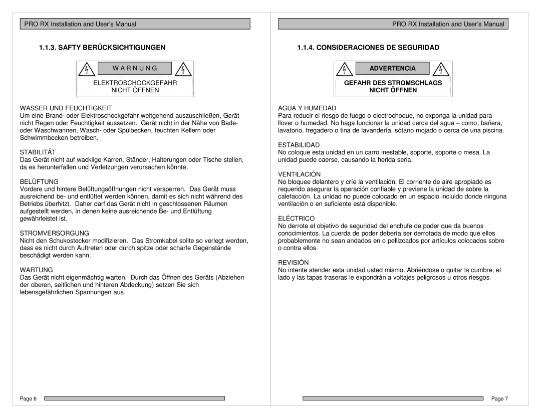 HP PRO RX Stabilität, Belüftung, Stromversorgung, Wartung, Agua Y Humedad, Estabilidad, Ventilación, Eléctrico, Revisión 