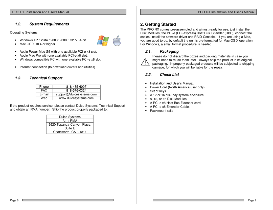 HP PRO RX manual Getting Started, System Requirements, Technical Support, Packaging, Check List 