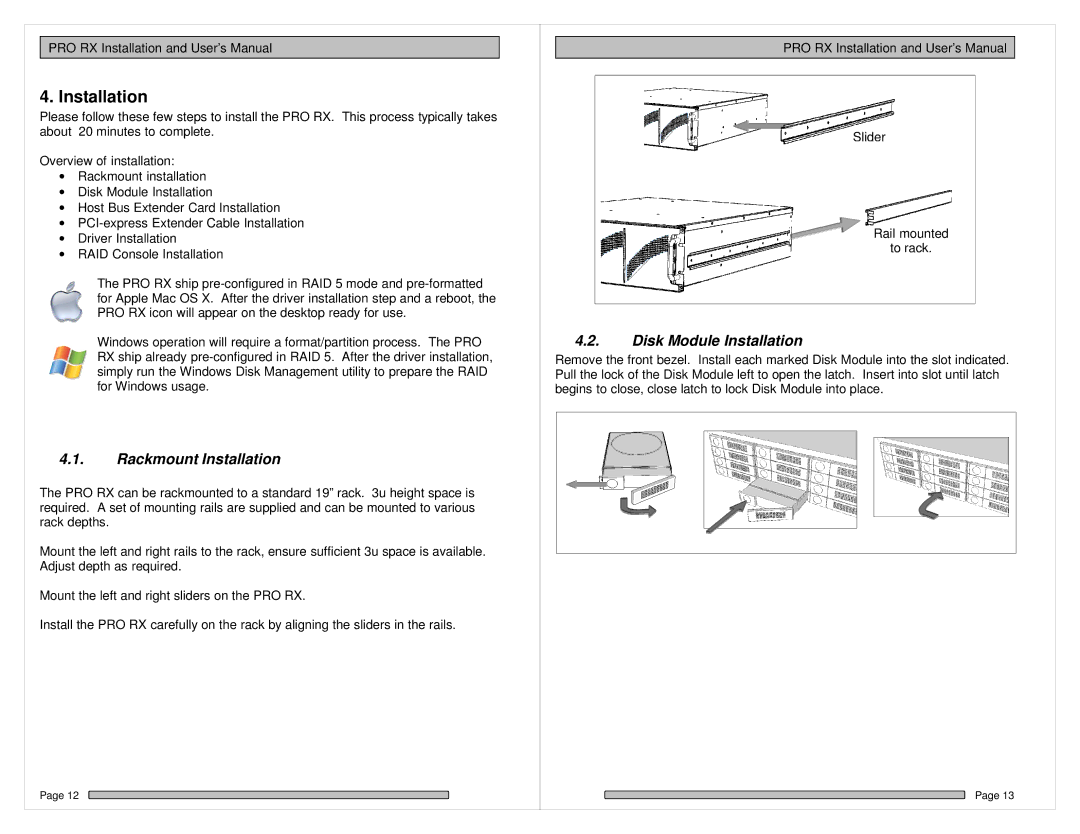 HP PRO RX manual Rackmount Installation, Disk Module Installation 