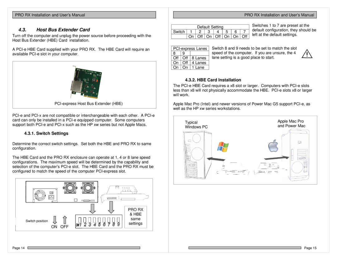 HP PRO RX manual Host Bus Extender Card, Switch Settings, Pro Rx, Off, HBE Card Installation 