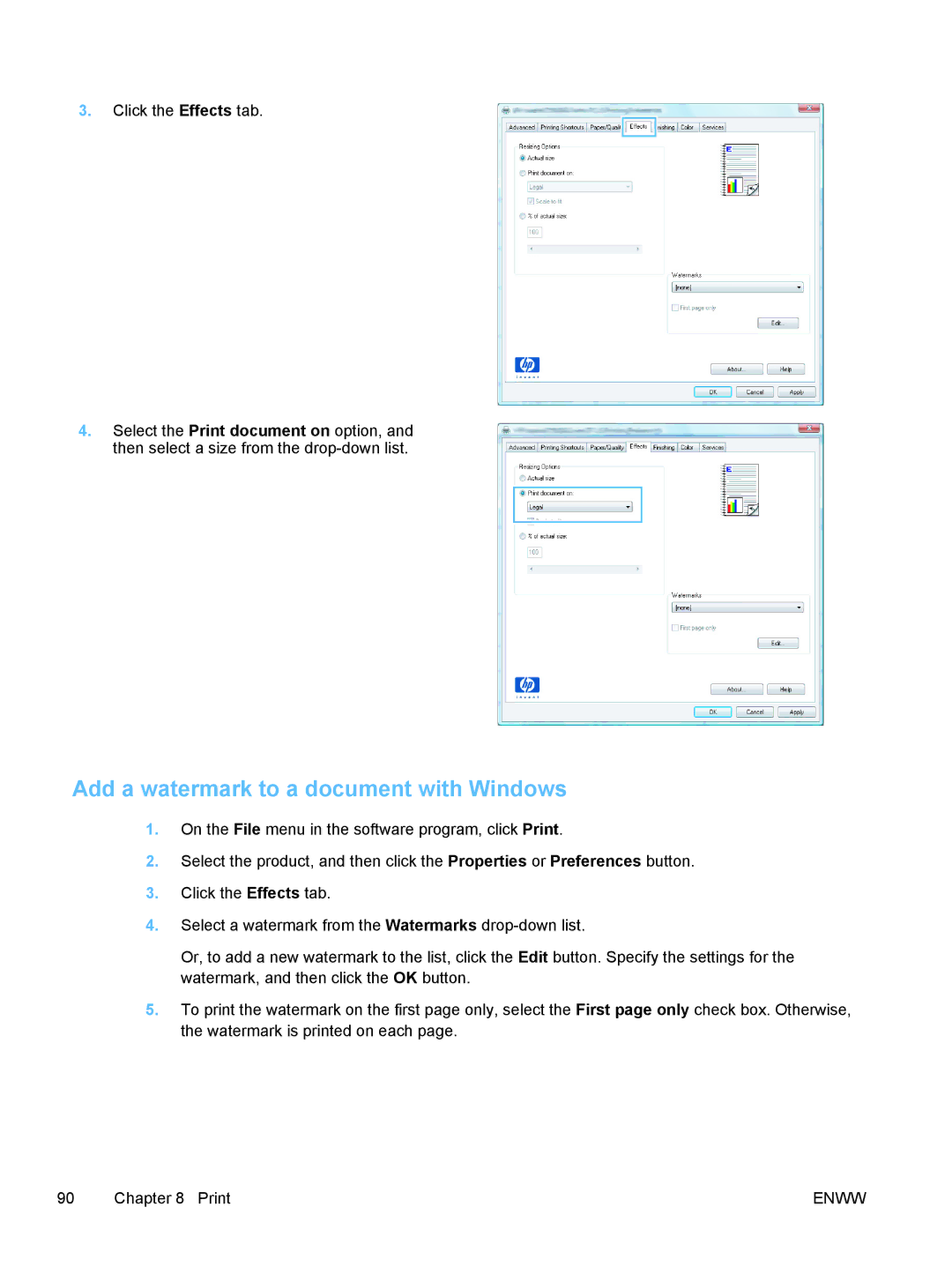 HP Pro X X451dn CN459AB1H, Pro X X551dw Inkjet CV037AB1H manual Add a watermark to a document with Windows 