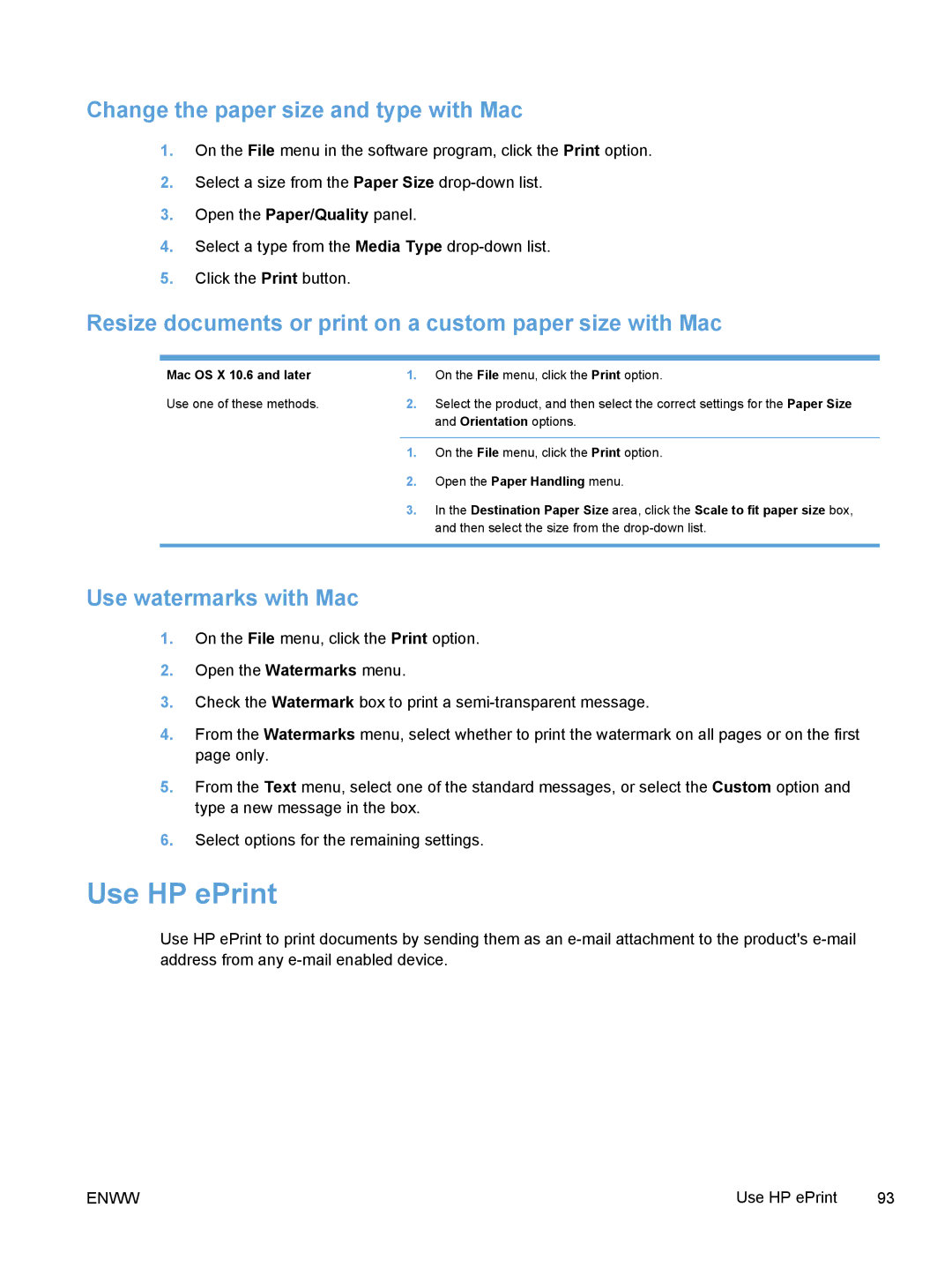 HP Pro X X551dw Inkjet CV037AB1H manual Use HP ePrint, Change the paper size and type with Mac, Use watermarks with Mac 