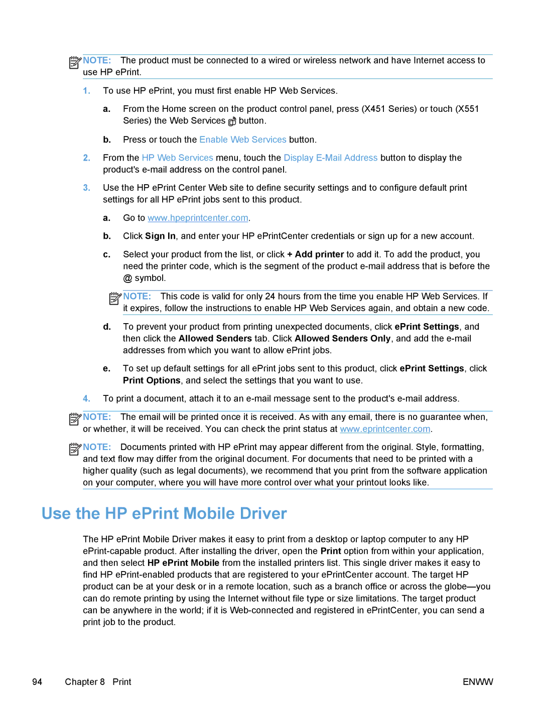 HP Pro X X451dn CN459AB1H, Pro X X551dw Inkjet CV037AB1H manual Use the HP ePrint Mobile Driver 