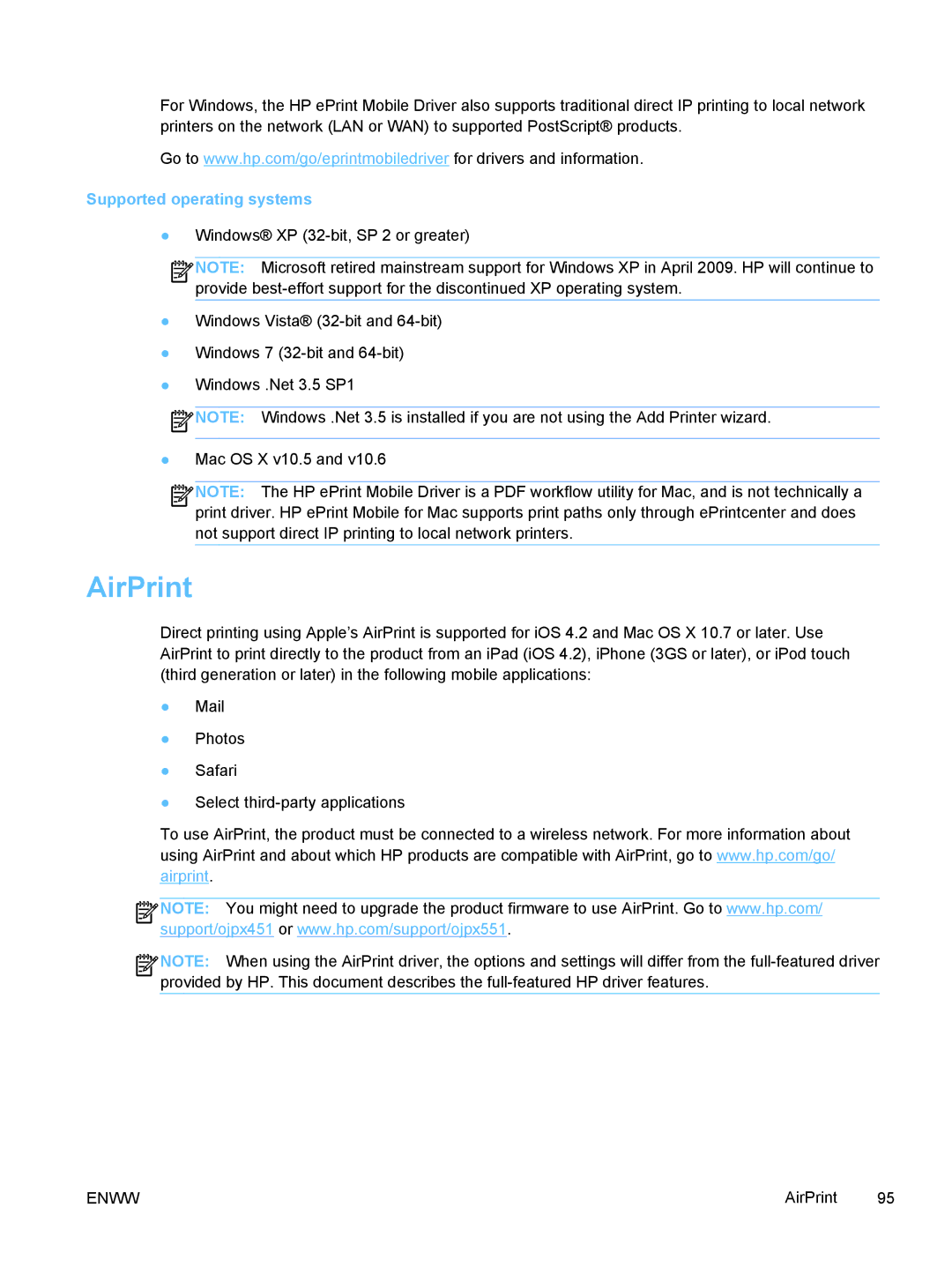 HP Pro X X551dw Inkjet CV037AB1H, Pro X X451dn CN459AB1H manual AirPrint, Supported operating systems 