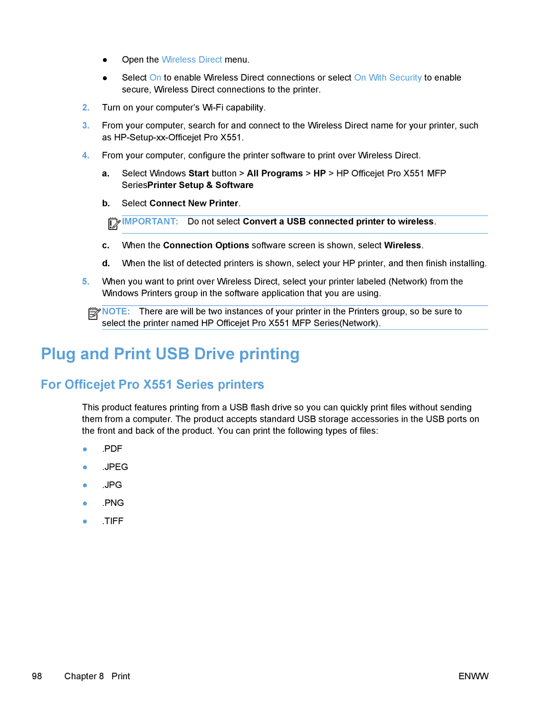 HP Pro X X451dn CN459AB1H manual Plug and Print USB Drive printing, For Officejet Pro X551 Series printers 