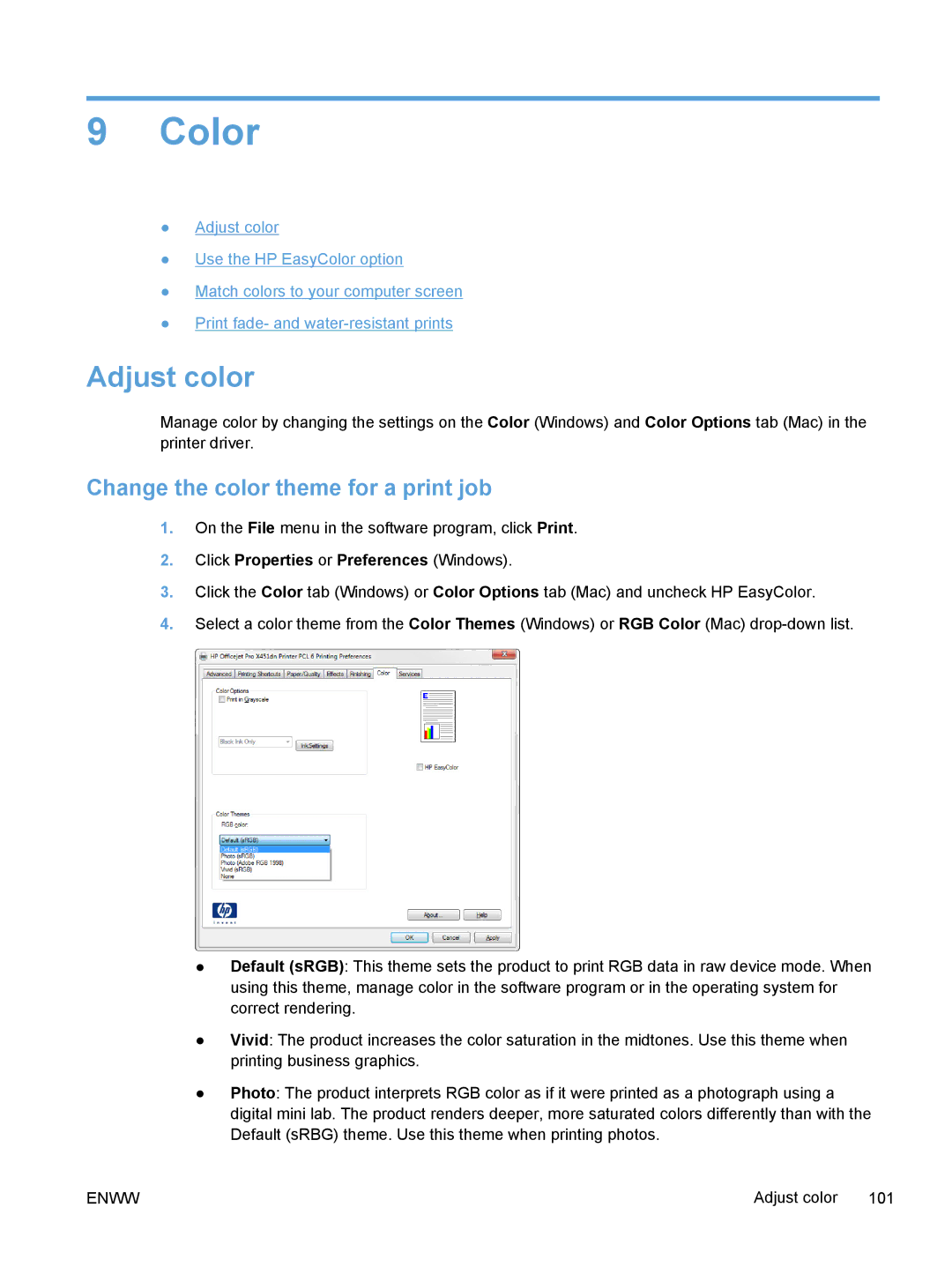 HP Pro X X551dw Inkjet CV037AB1H, Pro X X451dn CN459AB1H manual Color, Adjust color, Change the color theme for a print job 