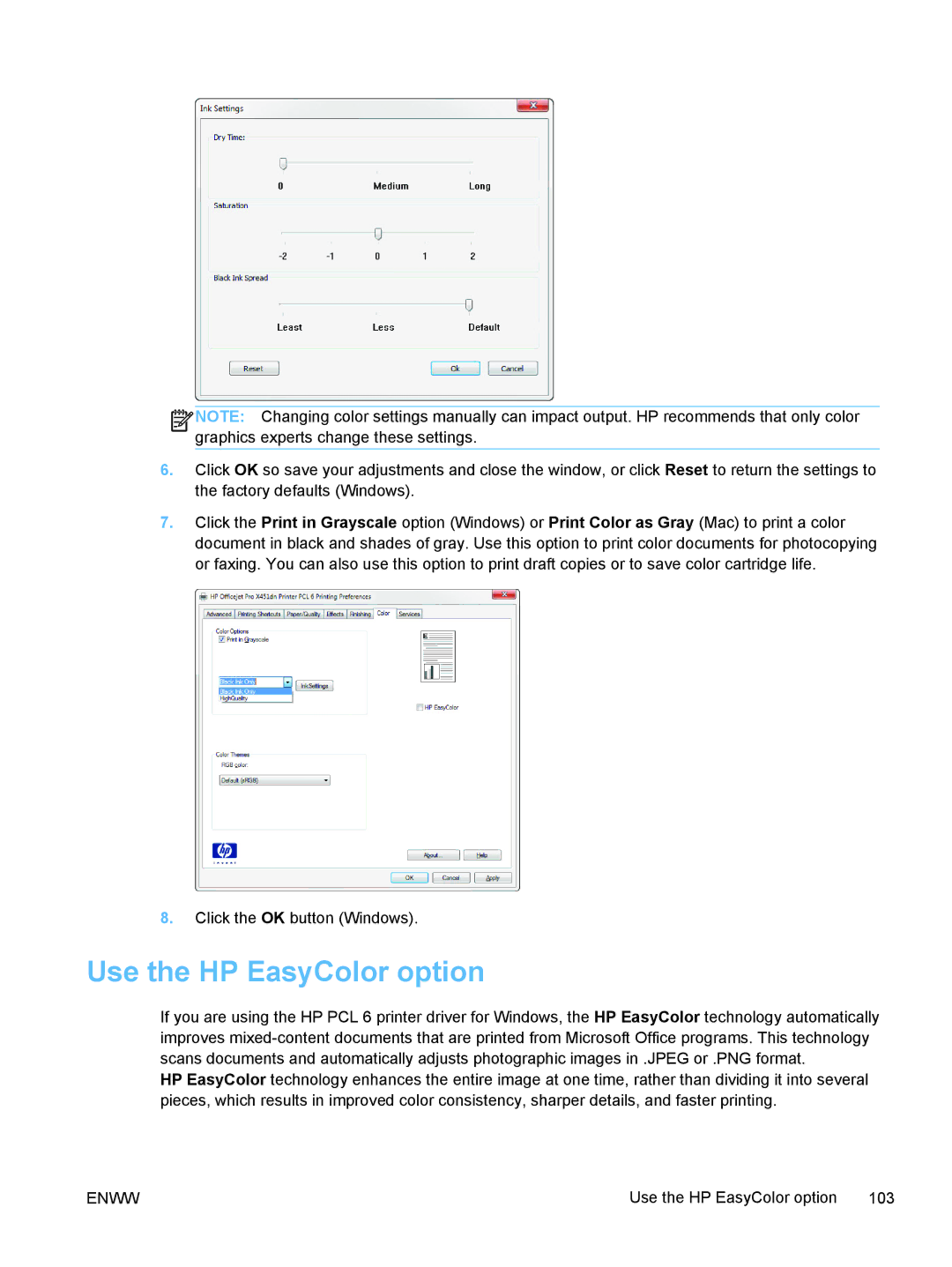 HP Pro X X551dw Inkjet CV037AB1H, Pro X X451dn CN459AB1H manual Use the HP EasyColor option 