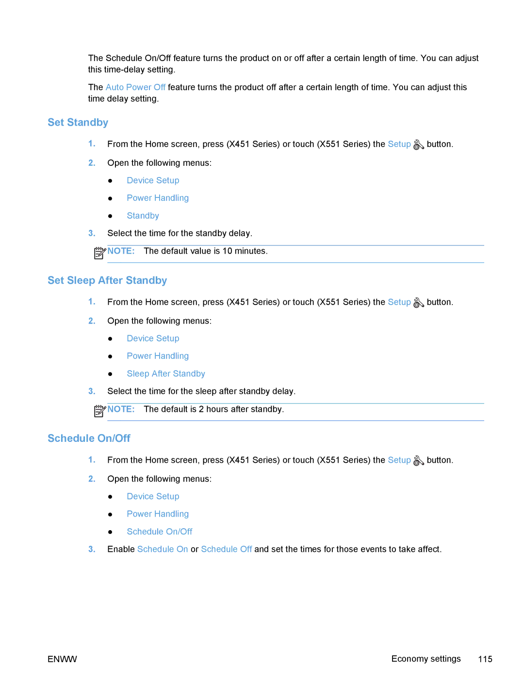 HP Pro X X551dw Inkjet CV037AB1H, Pro X X451dn CN459AB1H manual Set Standby, Set Sleep After Standby, Schedule On/Off 