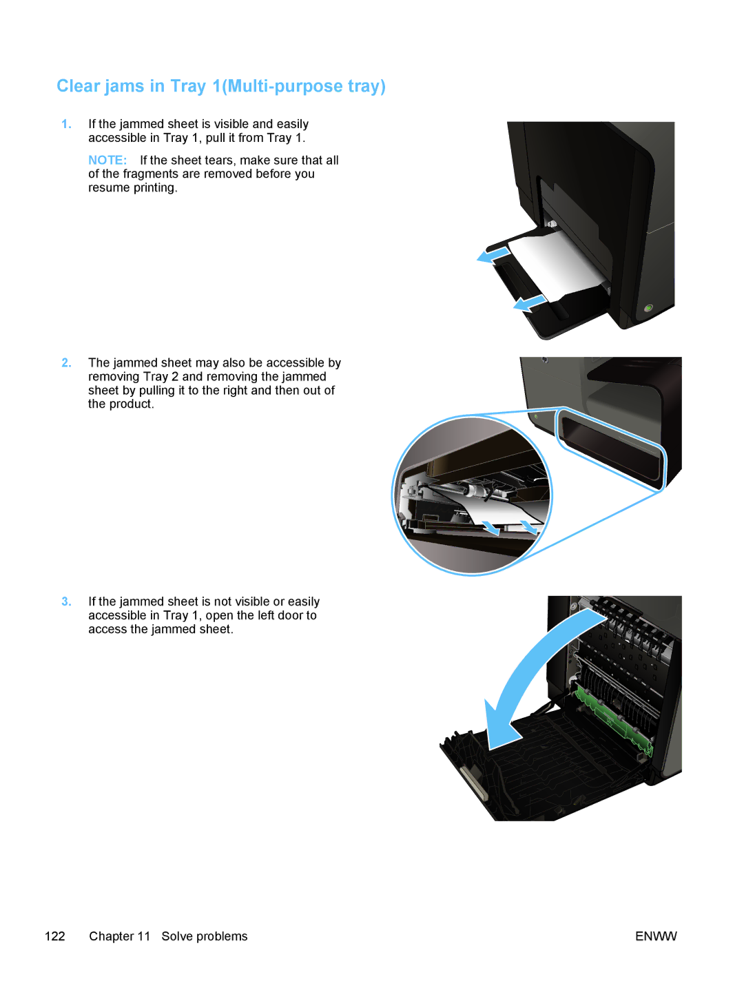 HP Pro X X451dn CN459AB1H, Pro X X551dw Inkjet CV037AB1H manual Clear jams in Tray 1Multi-purpose tray 