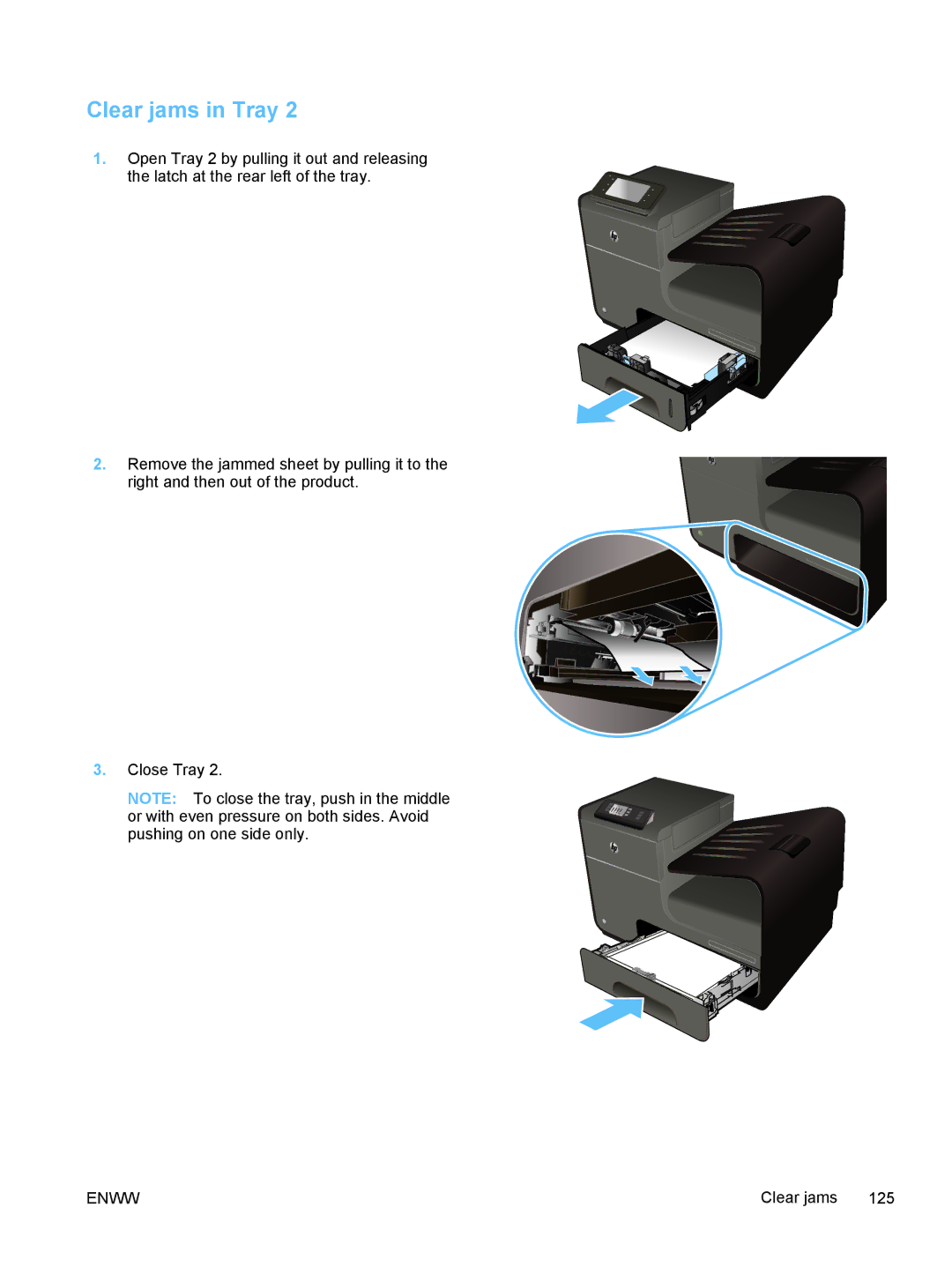 HP Pro X X551dw Inkjet CV037AB1H, Pro X X451dn CN459AB1H manual Clear jams in Tray 