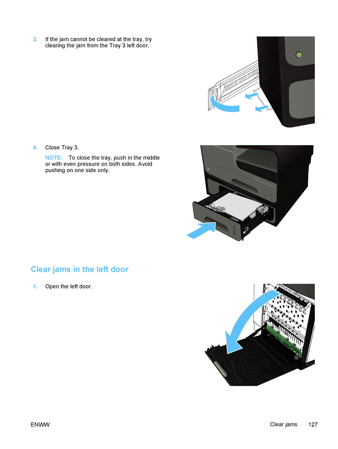 HP Pro X X551dw Inkjet CV037AB1H, Pro X X451dn CN459AB1H manual Clear jams in the left door 