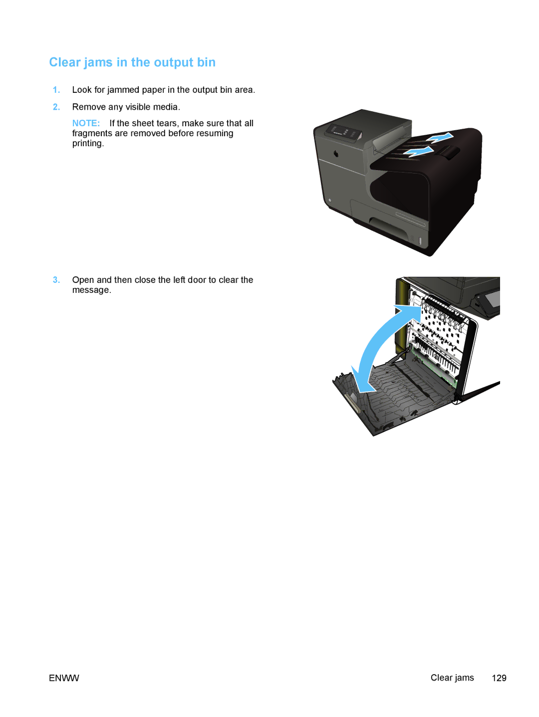 HP Pro X X551dw Inkjet CV037AB1H, Pro X X451dn CN459AB1H manual Clear jams in the output bin 