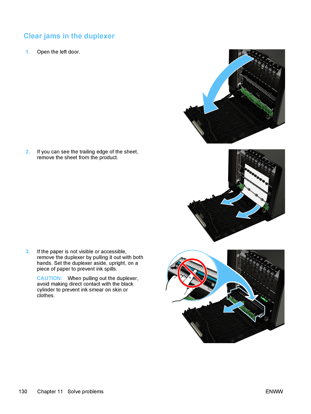 HP Pro X X451dn CN459AB1H, Pro X X551dw Inkjet CV037AB1H manual Clear jams in the duplexer 