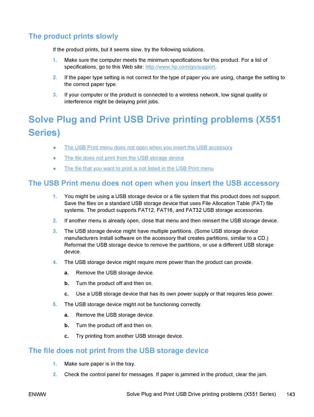 HP Pro X X551dw Inkjet CV037AB1H manual Product prints slowly, File does not print from the USB storage device 