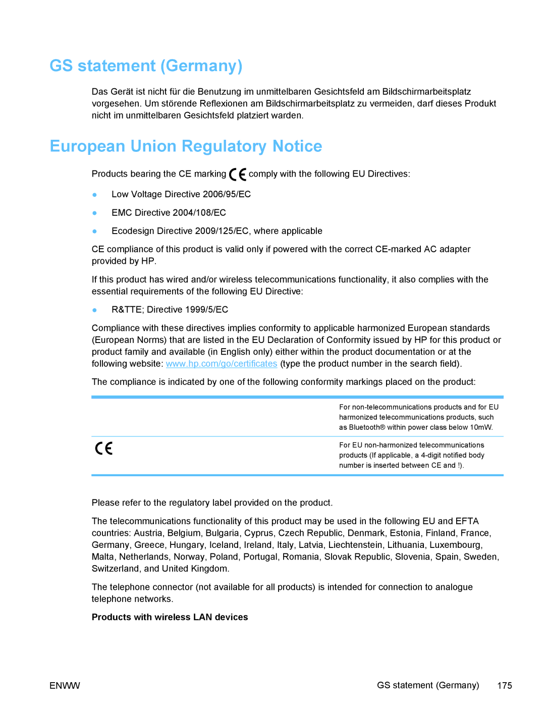 HP Pro X X551dw Inkjet CV037AB1H, Pro X X451dn CN459AB1H manual GS statement Germany, European Union Regulatory Notice 