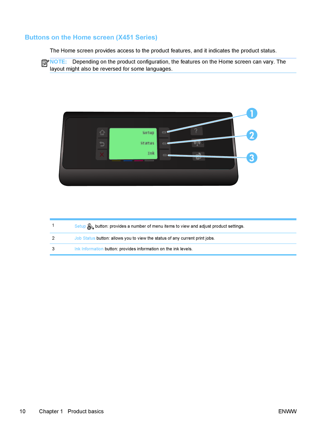 HP Pro X X451dn CN459AB1H, Pro X X551dw Inkjet CV037AB1H manual Buttons on the Home screen X451 Series 