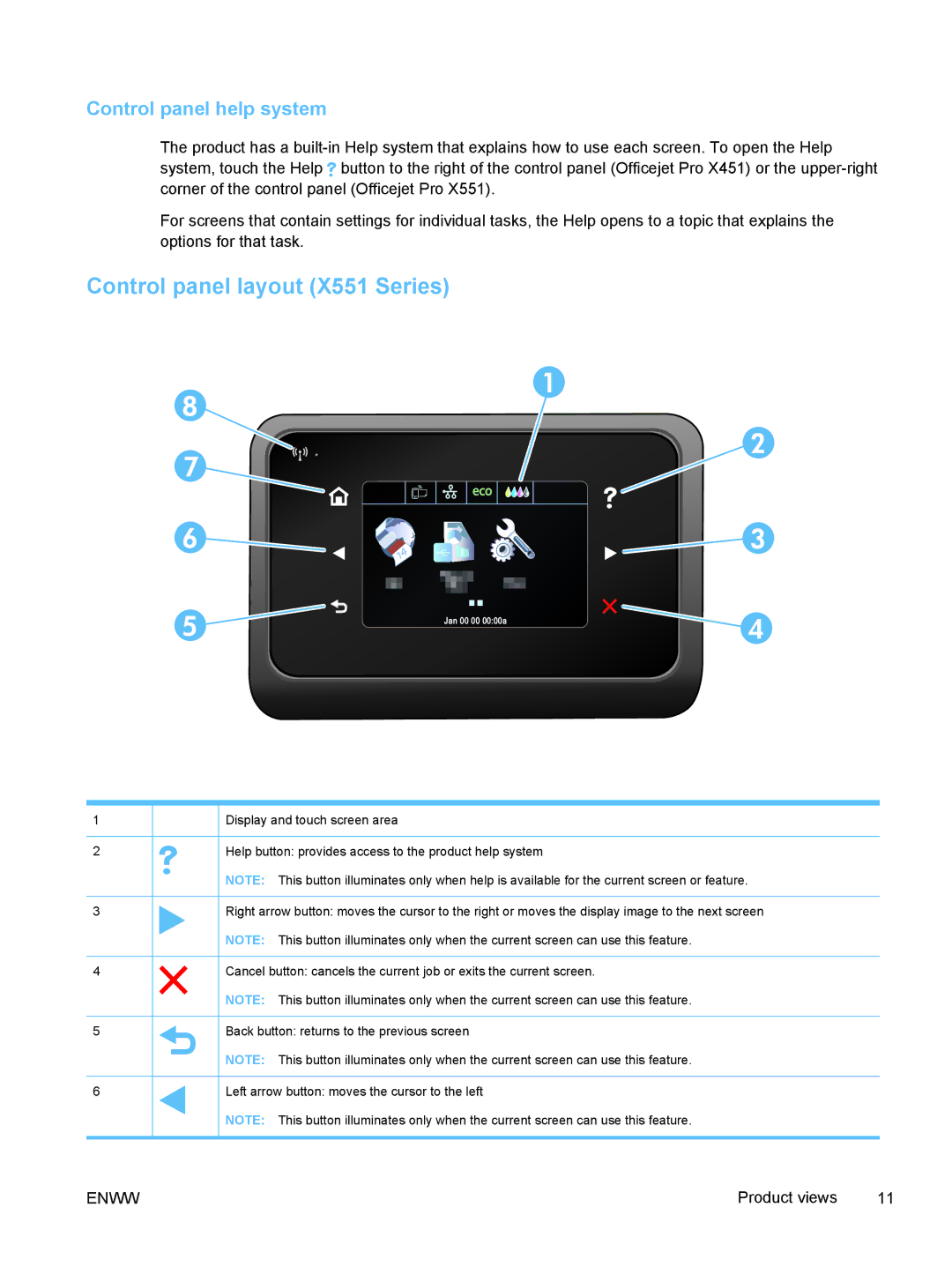 HP Pro X X551dw Inkjet CV037AB1H, Pro X X451dn CN459AB1H manual Control panel layout X551 Series, Control panel help system 