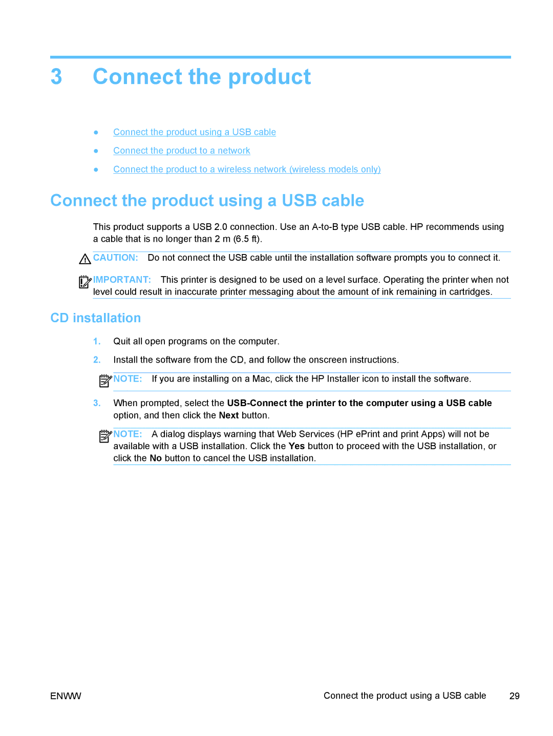 HP Pro X X551dw Inkjet CV037AB1H, Pro X X451dn CN459AB1H manual Connect the product using a USB cable, CD installation 