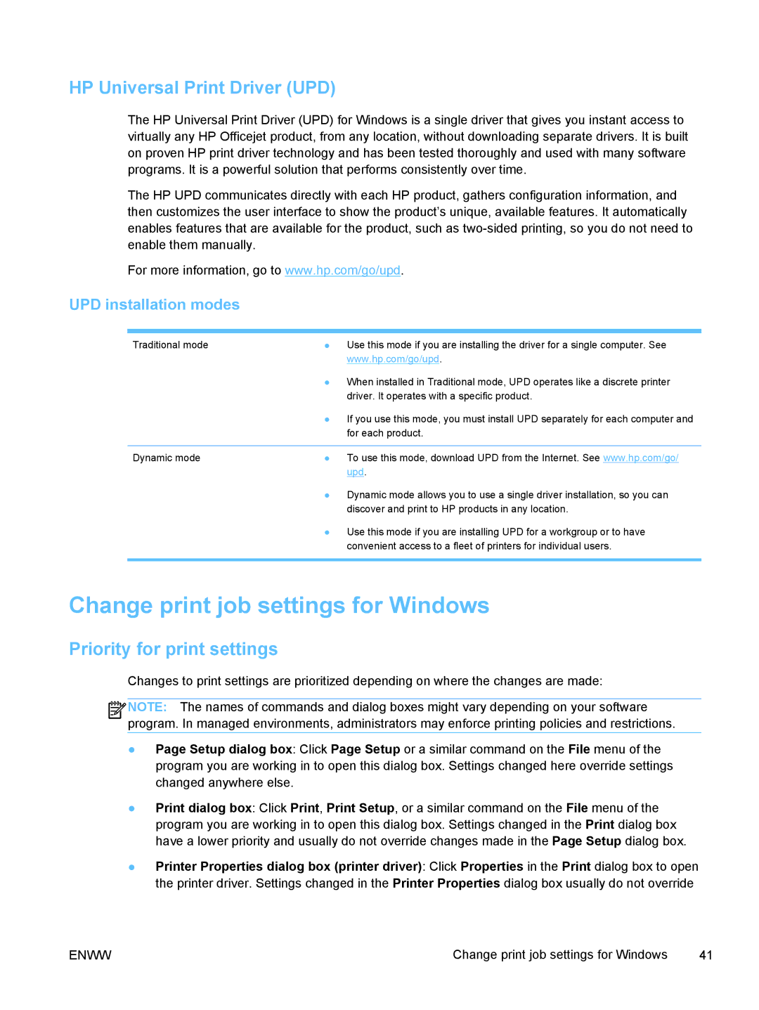 HP Pro X X551dw Inkjet CV037AB1H manual Change print job settings for Windows, HP Universal Print Driver UPD 