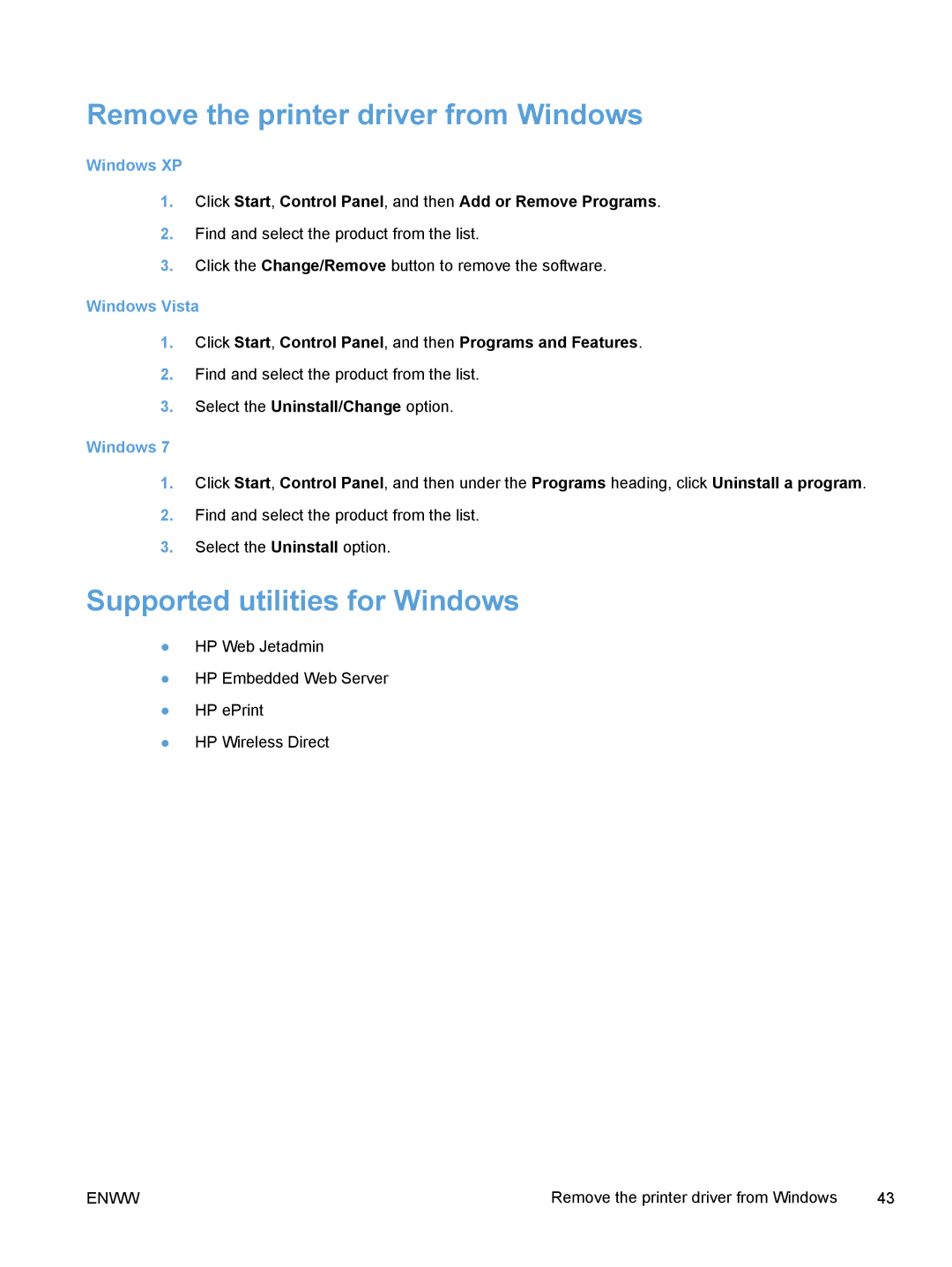 HP Pro X X551dw Inkjet CV037AB1H manual Remove the printer driver from Windows, Supported utilities for Windows, Windows XP 