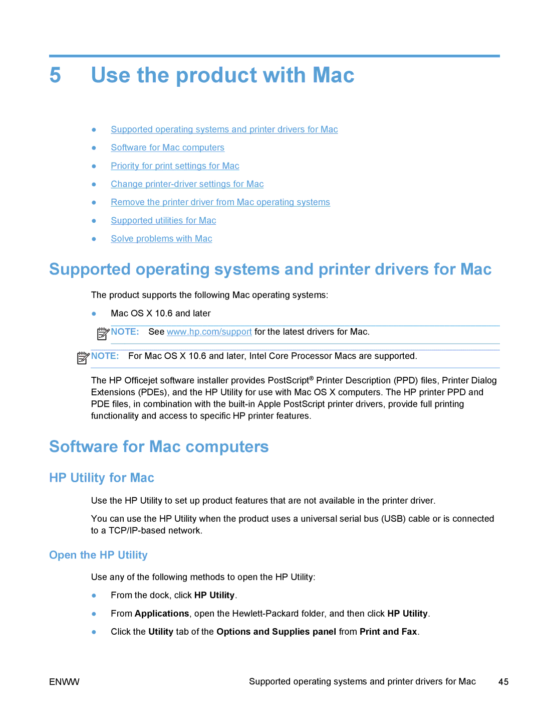 HP Pro X X551dw Inkjet CV037AB1H manual Use the product with Mac, Supported operating systems and printer drivers for Mac 