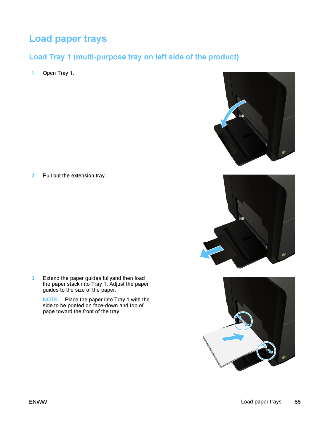 HP Pro X X551dw Inkjet CV037AB1H manual Load paper trays, Load Tray 1 multi-purpose tray on left side of the product 