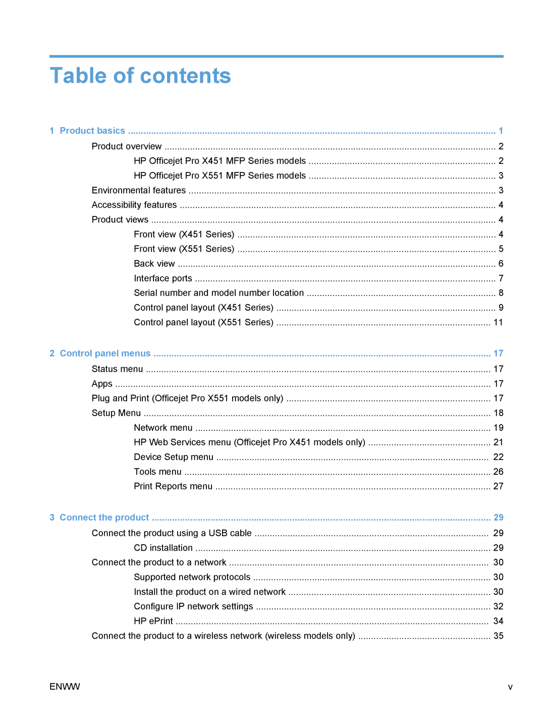 HP Pro X X551dw Inkjet CV037AB1H, Pro X X451dn CN459AB1H manual Table of contents 