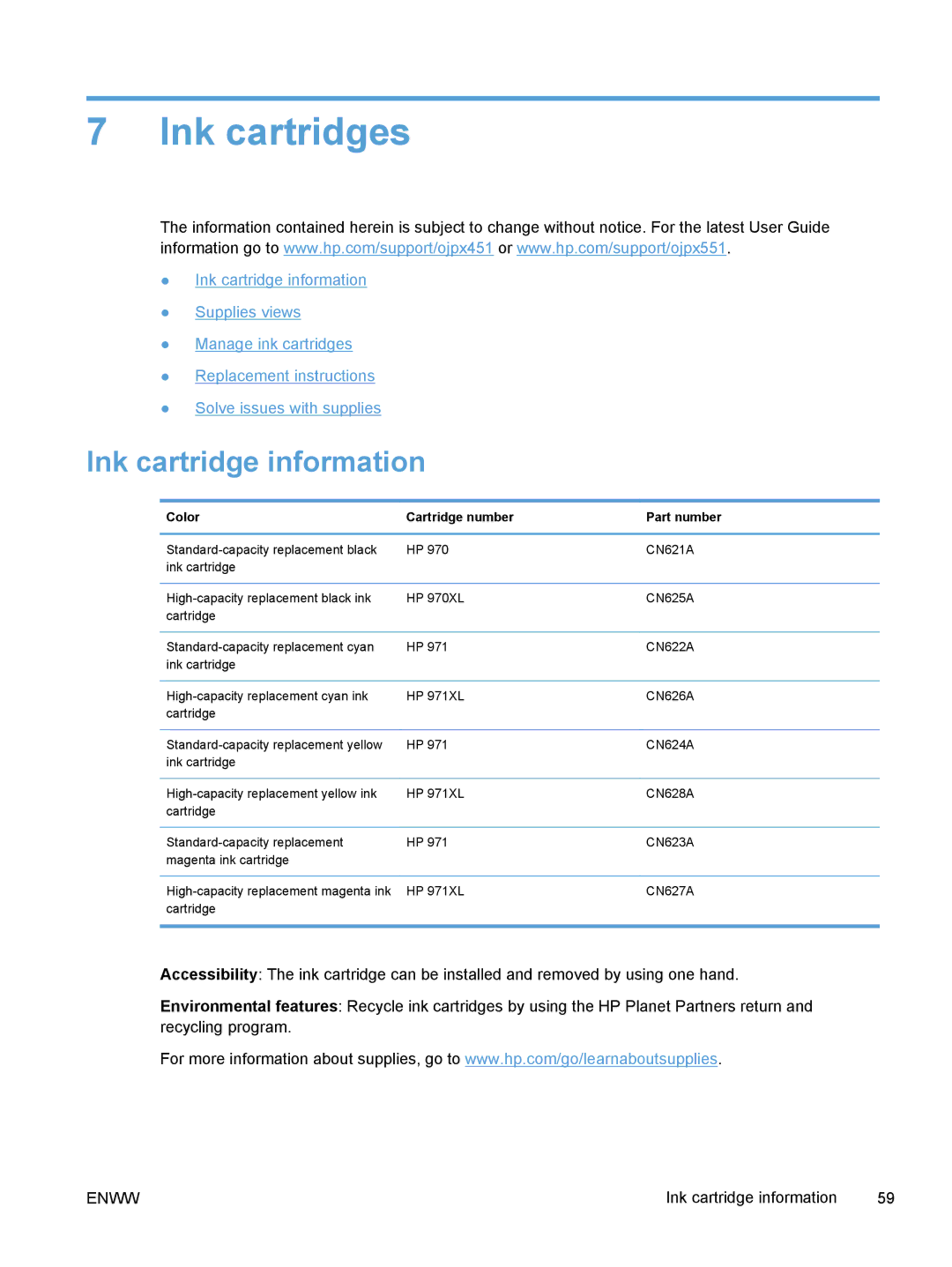 HP Pro X X551dw Inkjet CV037AB1H manual Ink cartridges, Ink cartridge information, Color Cartridge number Part number 