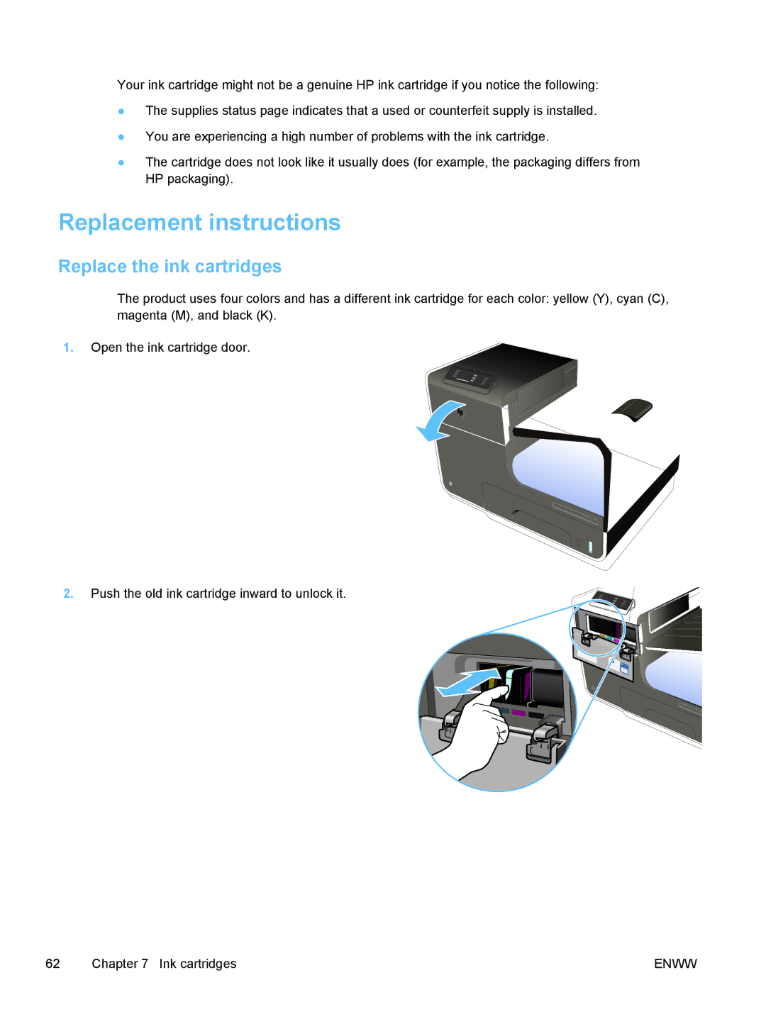 HP Pro X X451dn CN459AB1H, Pro X X551dw Inkjet CV037AB1H manual Replacement instructions, Replace the ink cartridges 