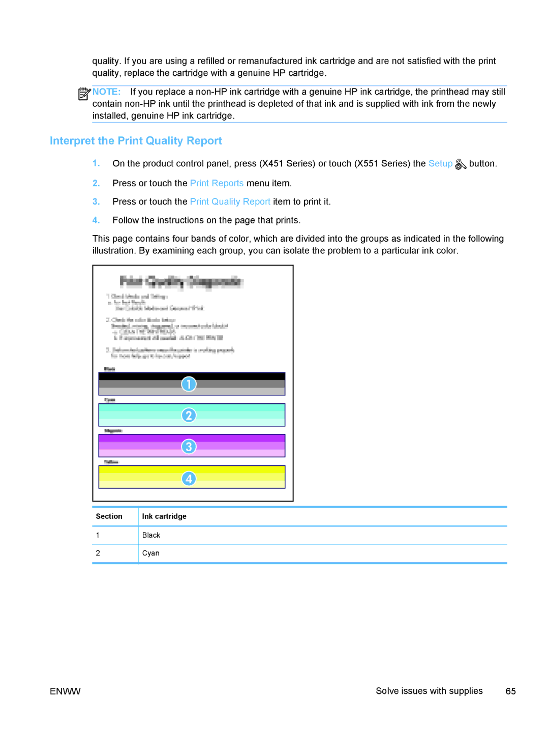 HP Pro X X551dw Inkjet CV037AB1H, Pro X X451dn CN459AB1H manual Interpret the Print Quality Report, Section 