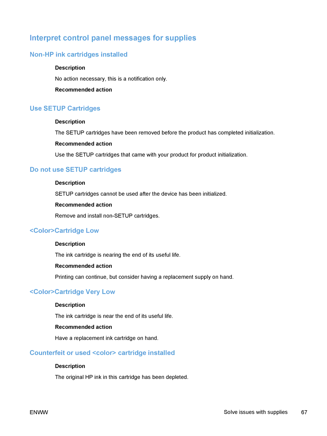 HP Pro X X551dw Inkjet CV037AB1H, Pro X X451dn CN459AB1H manual Interpret control panel messages for supplies 