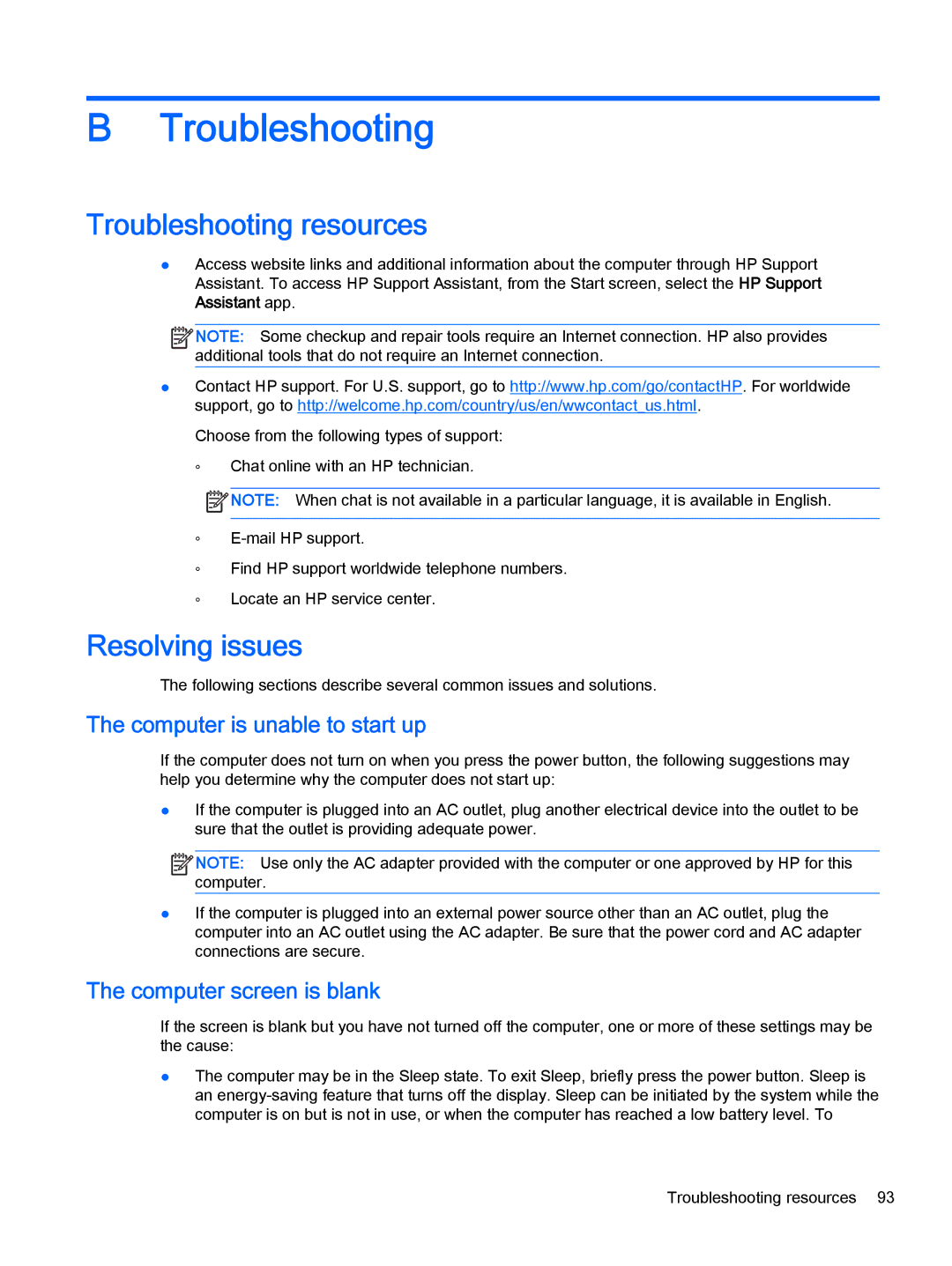 HP Pro x2 612 G1 (Windows 8.1) manual Troubleshooting resources, Resolving issues, Computer is unable to start up 