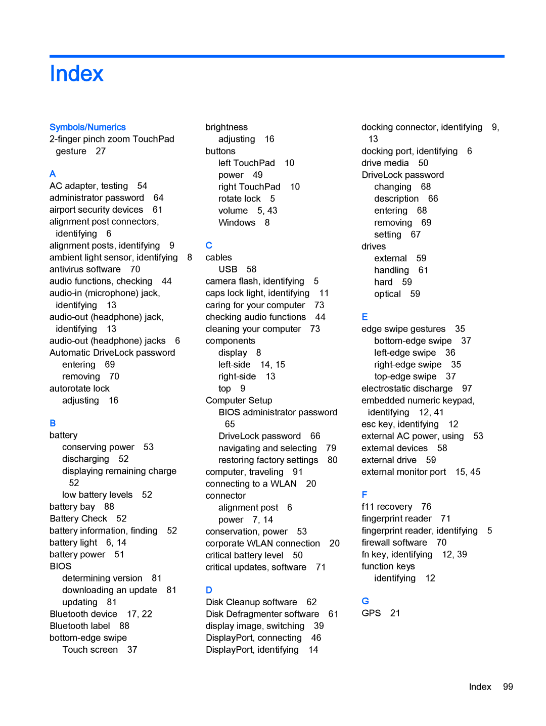 HP Pro x2 612 G1 (Windows 8.1) manual Index, Symbols/Numerics 