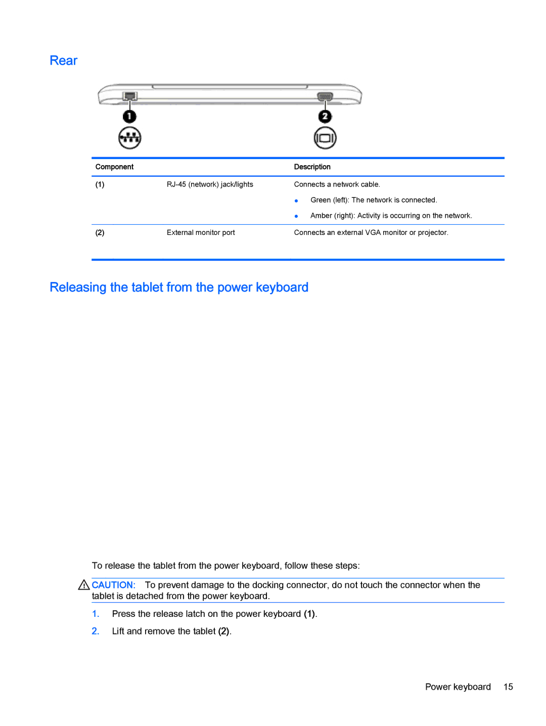 HP Pro x2 612 G1 (Windows 8.1) manual Rear, Releasing the tablet from the power keyboard 