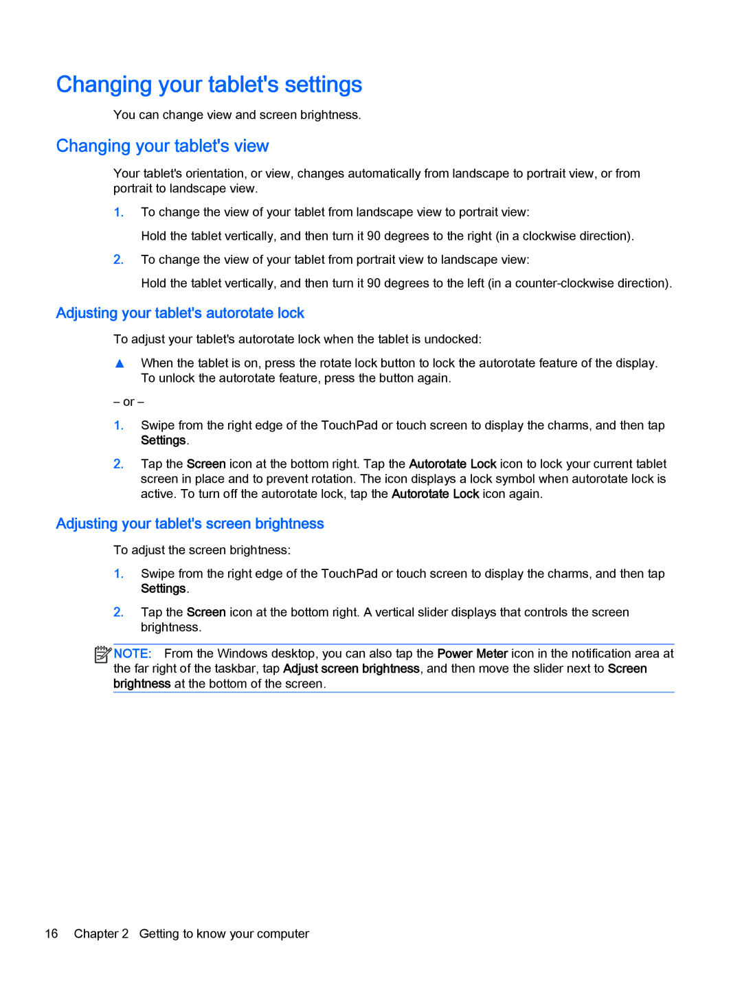 HP Pro x2 612 G1 (Windows 8.1) manual Changing your tablets settings, Changing your tablets view 