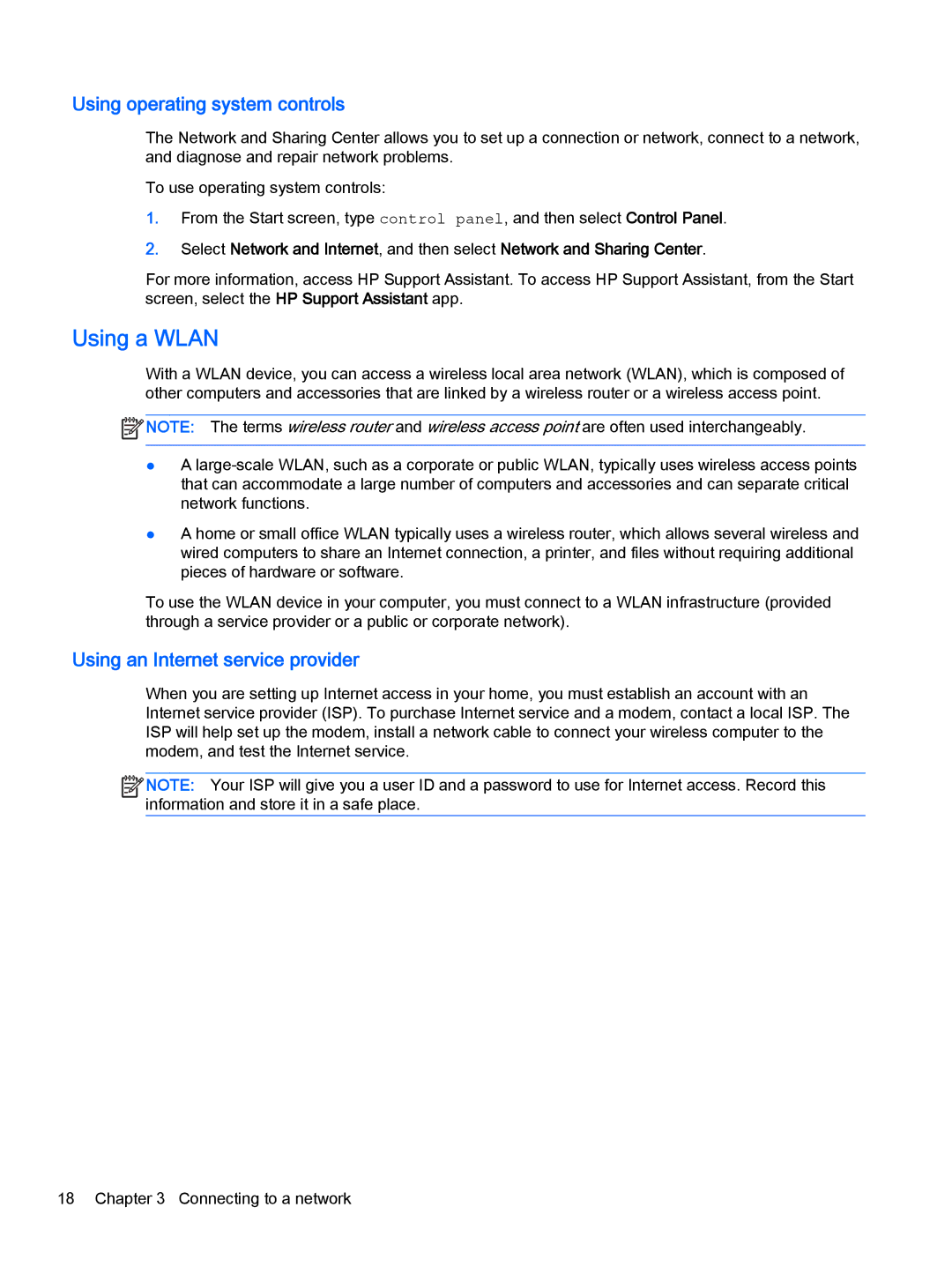 HP Pro x2 612 G1 (Windows 8.1) manual Using a Wlan, Using operating system controls, Using an Internet service provider 