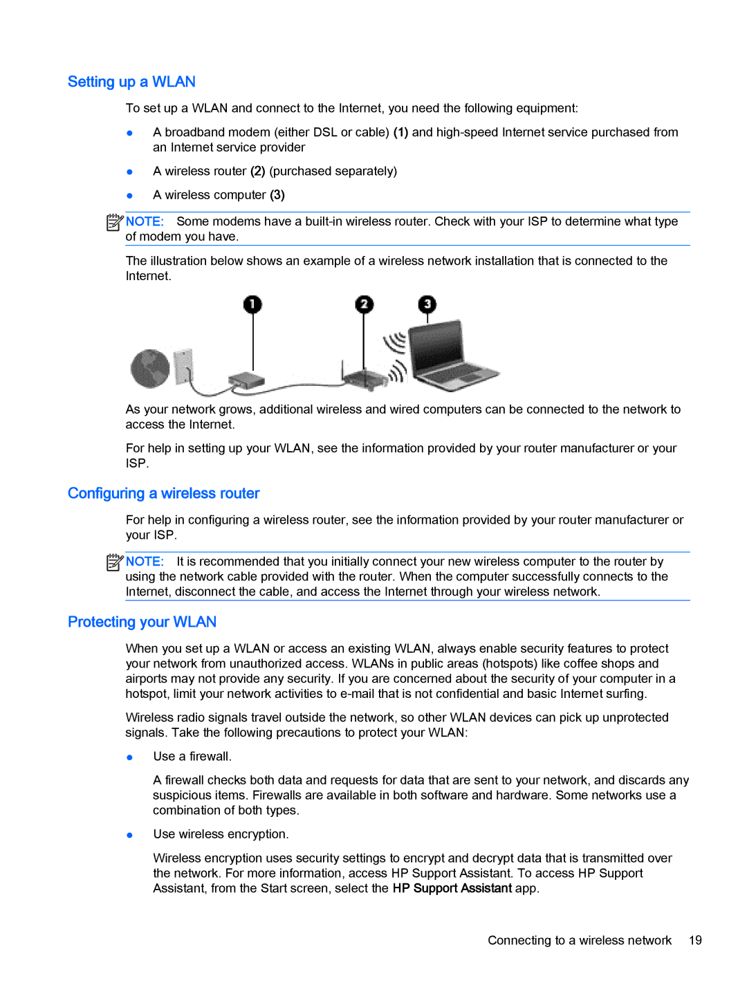 HP Pro x2 612 G1 (Windows 8.1) manual Setting up a Wlan, Configuring a wireless router, Protecting your Wlan 