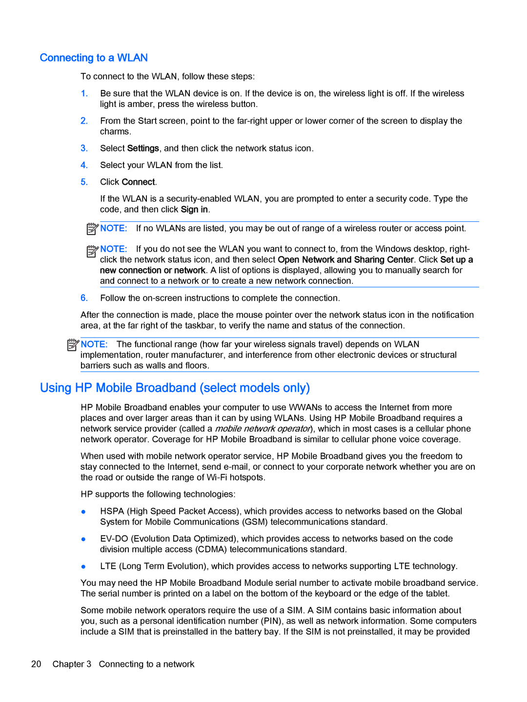 HP Pro x2 612 G1 (Windows 8.1) manual Using HP Mobile Broadband select models only, Connecting to a Wlan 