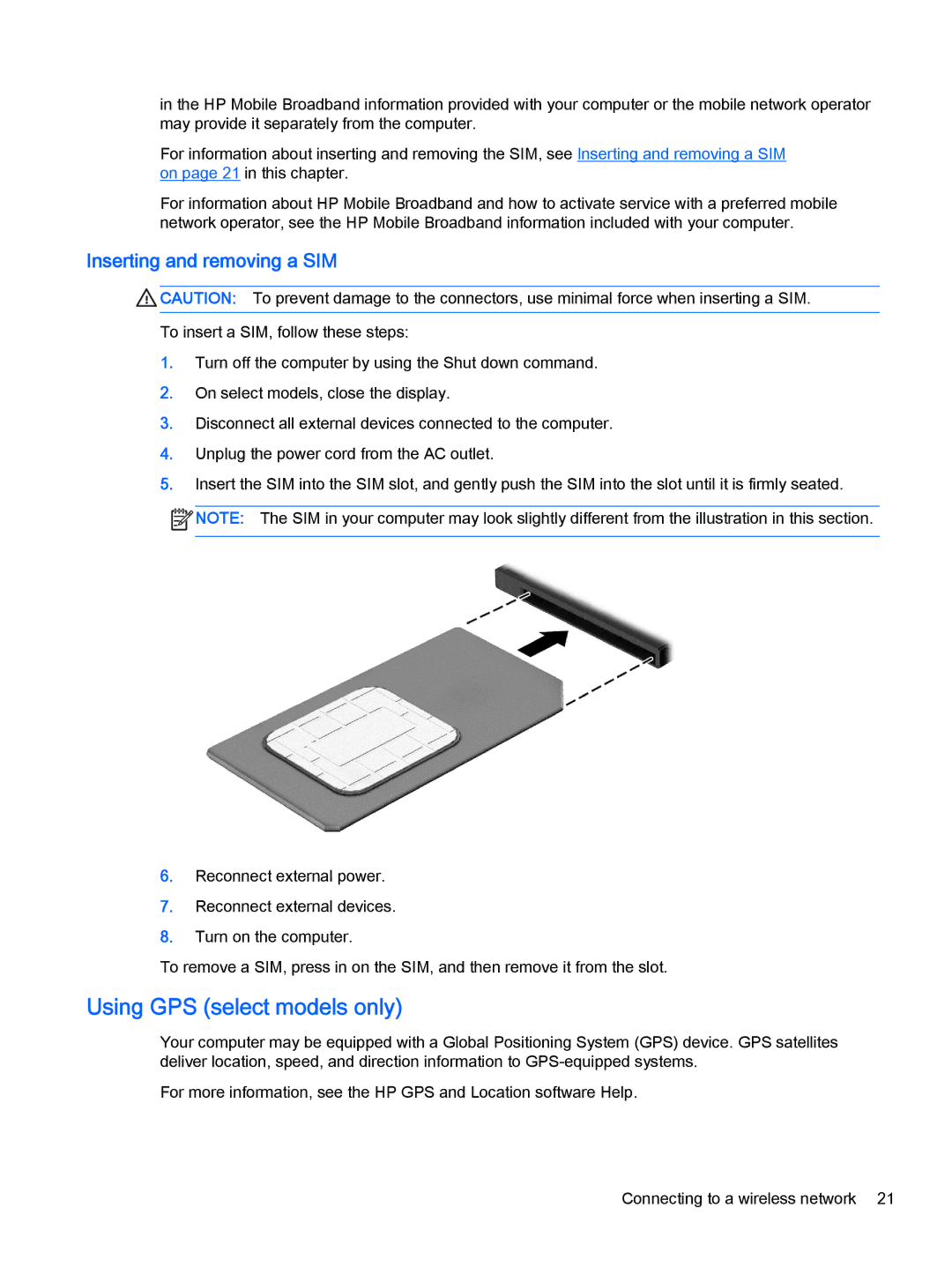 HP Pro x2 612 G1 (Windows 8.1) manual Using GPS select models only, Inserting and removing a SIM 