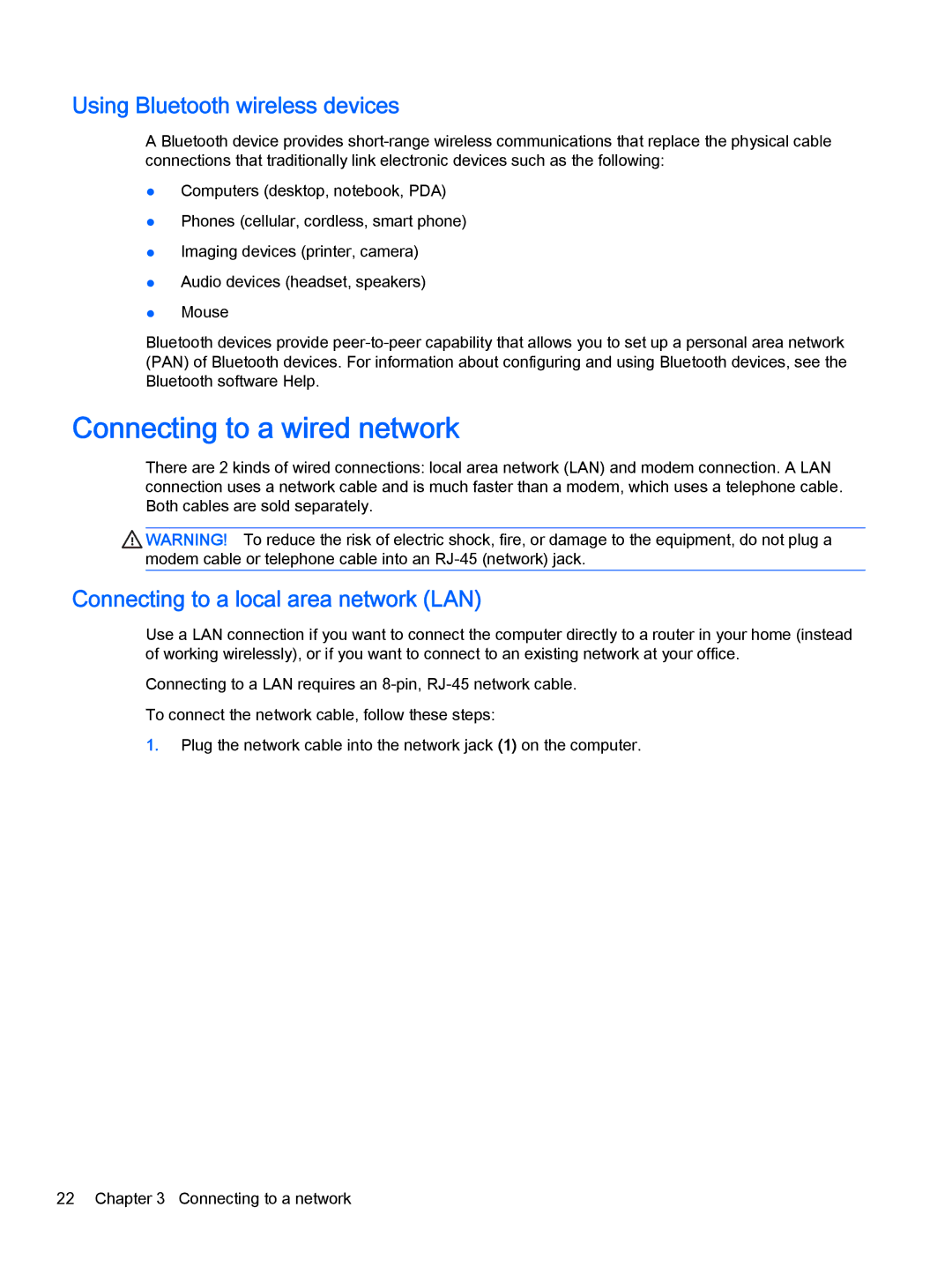 HP Pro x2 612 G1 (Windows 8.1) manual Connecting to a wired network, Using Bluetooth wireless devices 