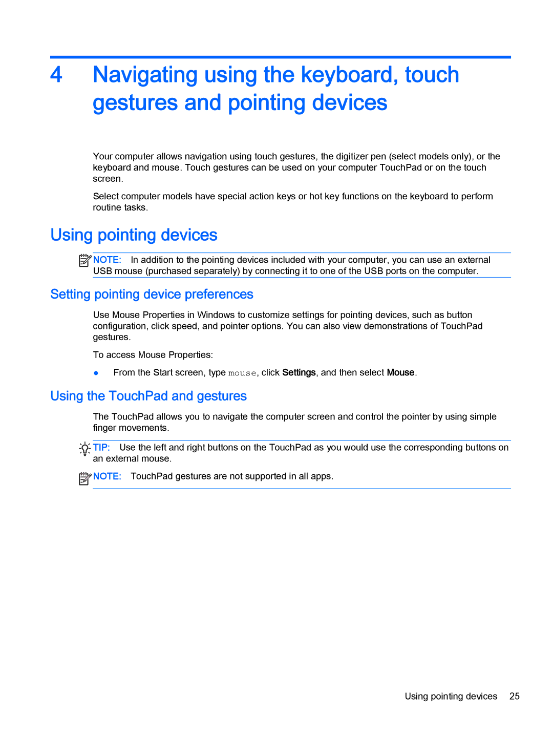 HP Pro x2 612 G1 (Windows 8.1) manual Using pointing devices, Setting pointing device preferences 