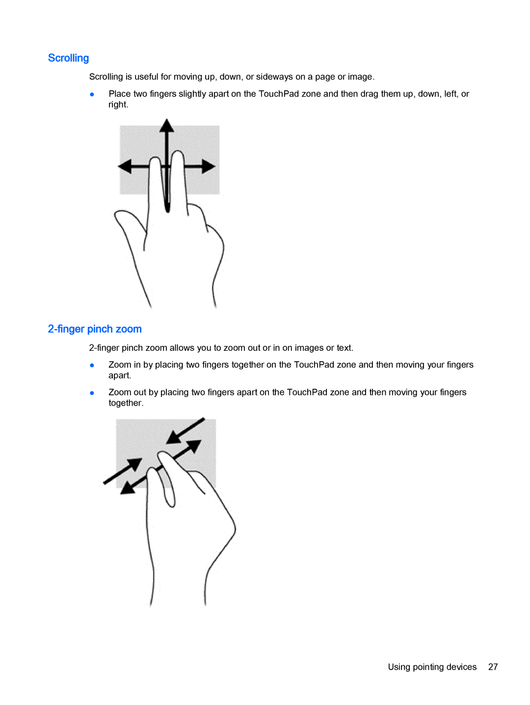 HP Pro x2 612 G1 (Windows 8.1) manual Scrolling, Finger pinch zoom 