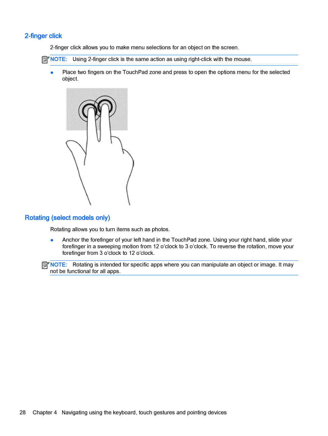 HP Pro x2 612 G1 (Windows 8.1) manual Finger click, Rotating select models only 