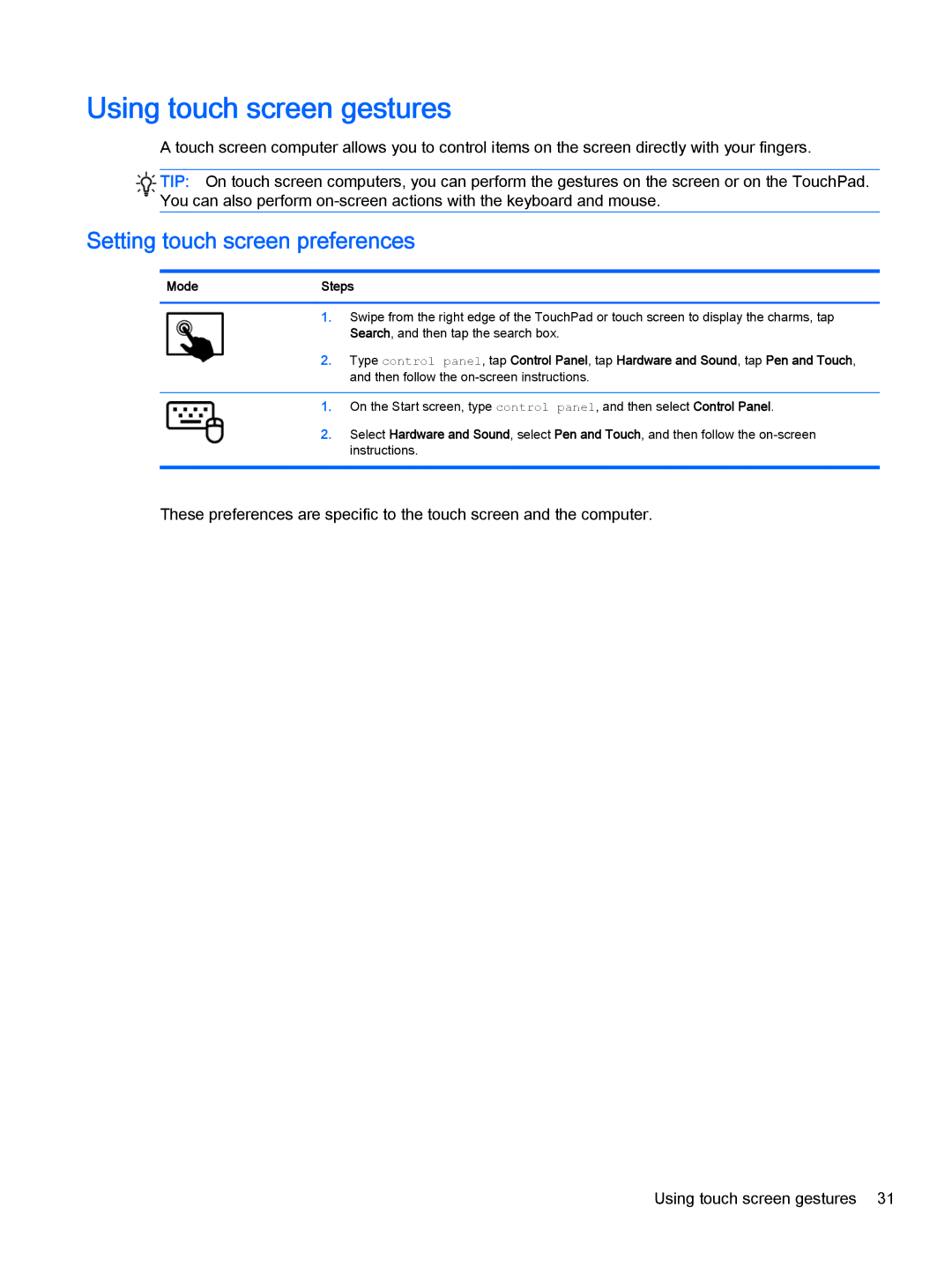 HP Pro x2 612 G1 (Windows 8.1) manual Using touch screen gestures, Setting touch screen preferences 